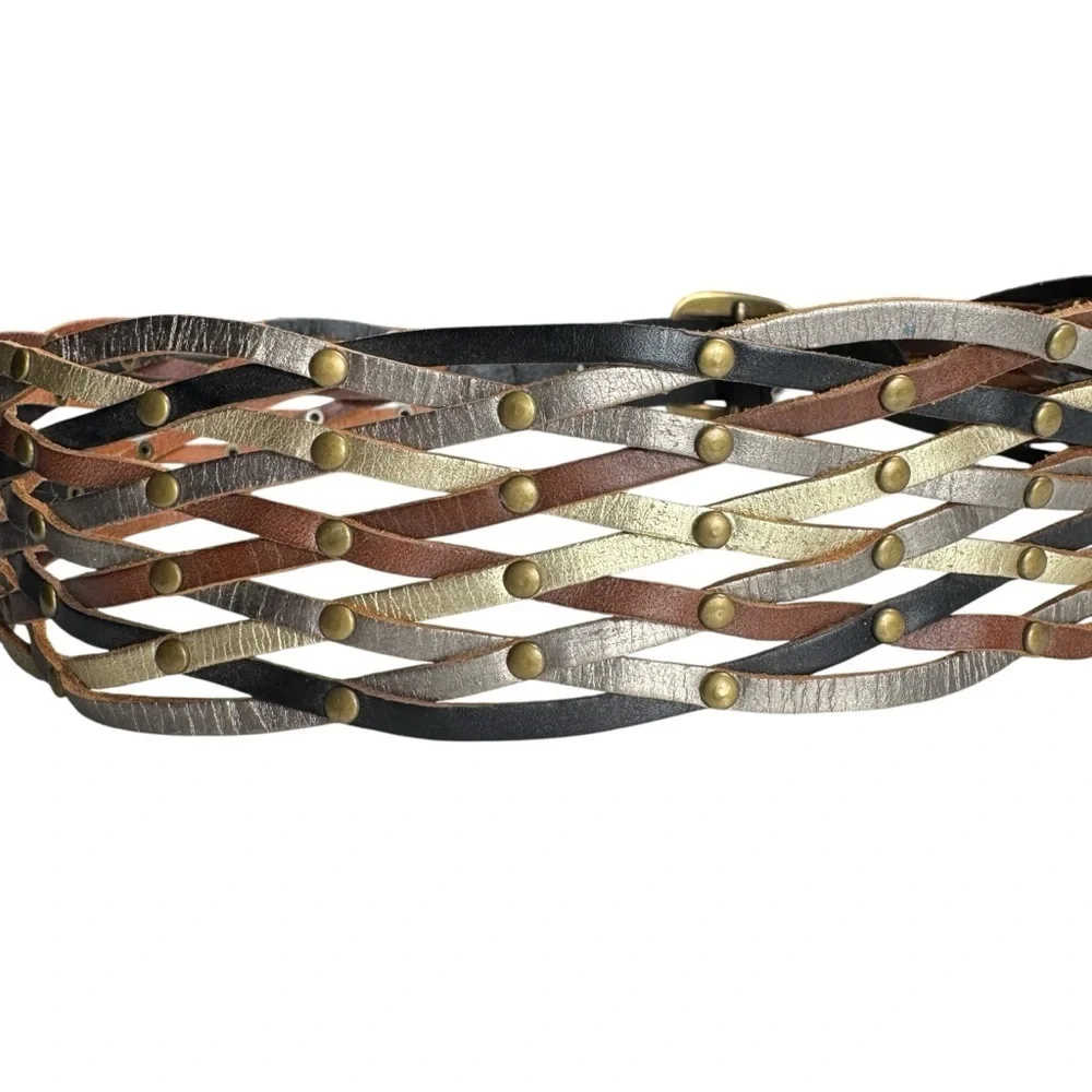 Fossil Genuine Leather Woven Studded Belt, Size Small